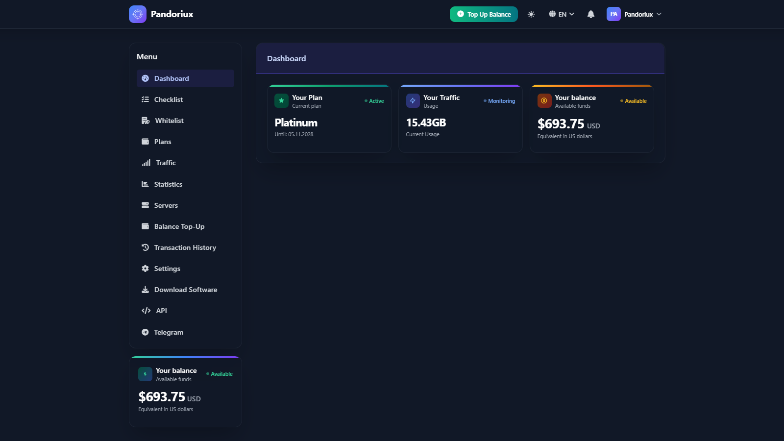Pandoriux web management panel - interface for controlling clicking processes and managing Google Ads campaigns
