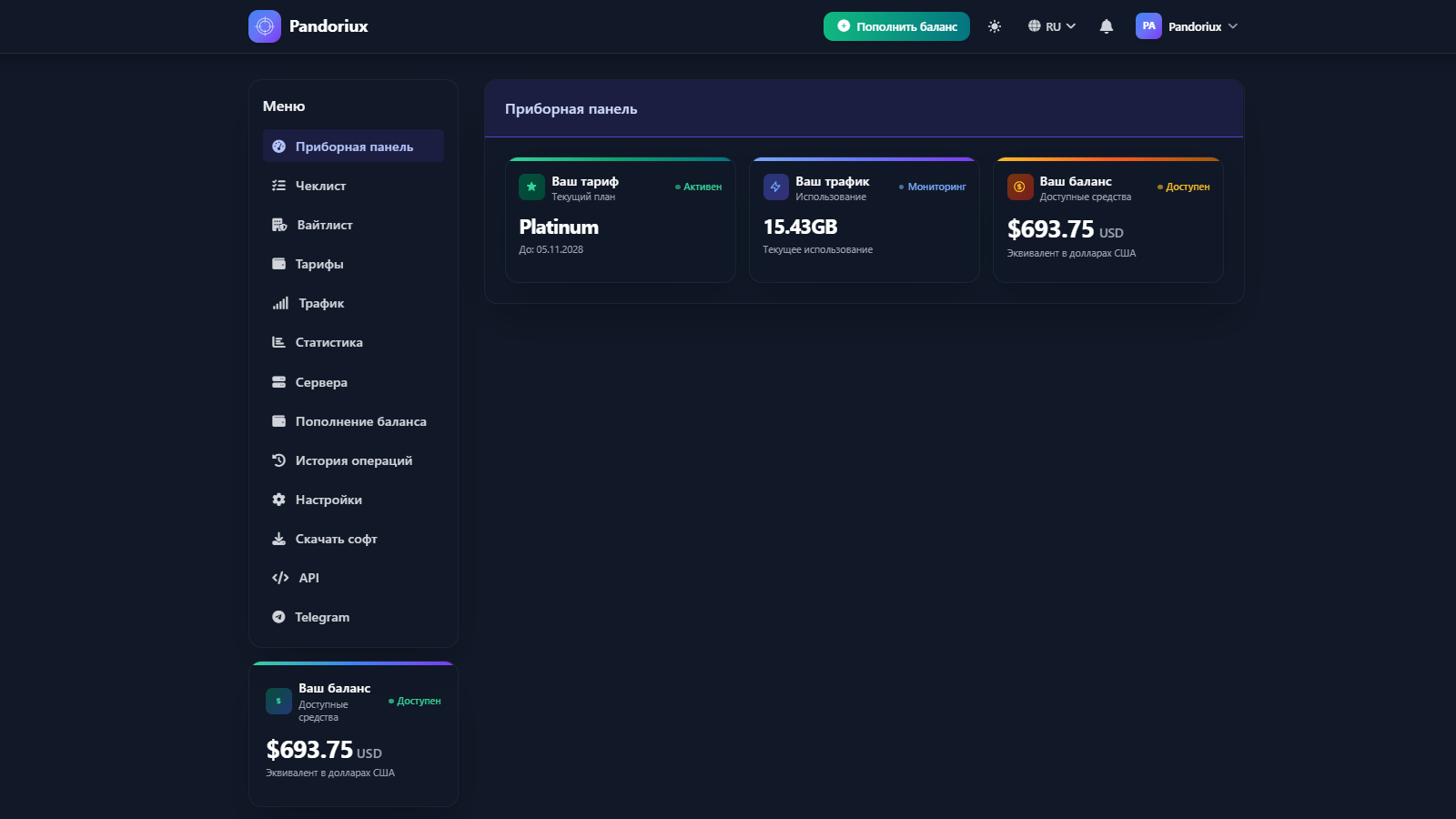 Веб-панель управления Pandoriux - интерфейс для контроля процессов скликивания и управления кампаниями Google Ads